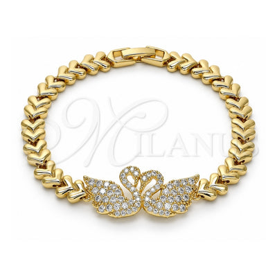 Oro Laminado Fancy Bracelet, Gold Filled Style Swan and Heart Design, with White Micro Pave, Polished, Golden Finish, 03.283.0060.07 (07 MM Thickness, 7 Inches Length)