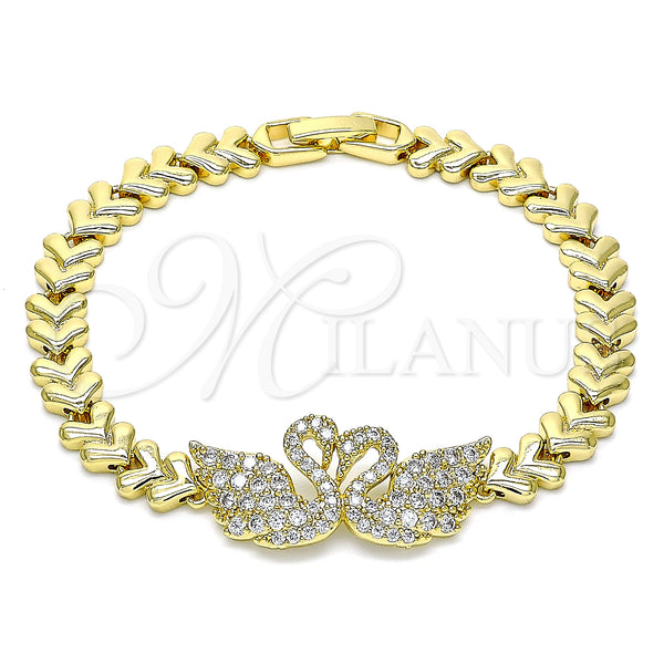 Oro Laminado Fancy Bracelet, Gold Filled Style Swan and Heart Design, with White Micro Pave, Polished, Golden Finish, 03.283.0060.07 (07 MM Thickness, 7 Inches Length)