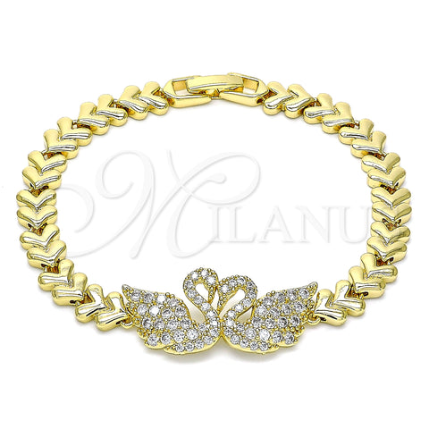 Oro Laminado Fancy Bracelet, Gold Filled Style Swan and Heart Design, with White Micro Pave, Polished, Golden Finish, 03.283.0060.07 (07 MM Thickness, 7 Inches Length)