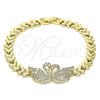 Oro Laminado Fancy Bracelet, Gold Filled Style Swan and Heart Design, with White Micro Pave, Polished, Golden Finish, 03.283.0060.07 (07 MM Thickness, 7 Inches Length)