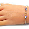 Oro Laminado Adjustable Bolo Bracelet, Gold Filled Style Hand of God Design, Blue Enamel Finish, Golden Finish, 03.213.0142.1.10 (01 MM Thickness, 10 Inches Length)