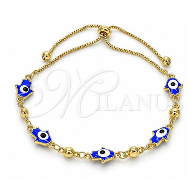 Oro Laminado Adjustable Bolo Bracelet, Gold Filled Style Hand of God and Judaica Design, Blue Enamel Finish, Golden Finish, 03.213.0142.1.10 (01 MM Thickness, 10 Inches Length)