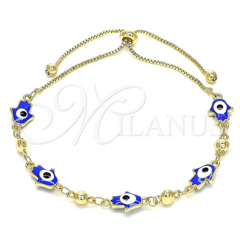 Oro Laminado Adjustable Bolo Bracelet, Gold Filled Style Hand of God Design, Blue Enamel Finish, Golden Finish, 03.213.0142.1.10 (01 MM Thickness, 10 Inches Length)