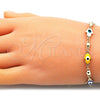 Oro Laminado Adjustable Bolo Bracelet, Gold Filled Style Hand of God Design, Multicolor Enamel Finish, Golden Finish, 03.213.0142.2.10 (01 MM Thickness, 10 Inches Length)