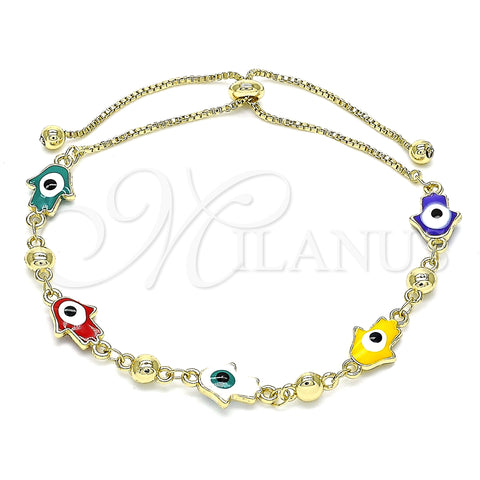 Oro Laminado Adjustable Bolo Bracelet, Gold Filled Style Hand of God Design, Multicolor Enamel Finish, Golden Finish, 03.213.0142.2.10 (01 MM Thickness, 10 Inches Length)