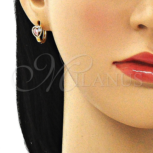 Gold Filled Hoop Earrings — Huggie Hoop Heart and Teardrop Design with Pink — alternate product view — SKU 146400 | Oro Laminado aretes de aro — Huggie Hoop corazón and Teardrop diseño with Pink — SKU 146400