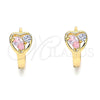 Oro Laminado Huggie Hoop, Gold Filled Style Heart and Teardrop Design, with Pink and Lavender Cubic Zirconia, Polished, Golden Finish, 02.213.0354.15