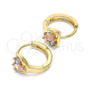 Oro Laminado Huggie Hoop, Gold Filled Style Heart and Teardrop Design, with Pink and Lavender Cubic Zirconia, Polished, Golden Finish, 02.213.0354.15