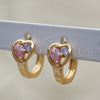 Oro Laminado Huggie Hoop, Gold Filled Style Heart and Teardrop Design, with Pink and Lavender Cubic Zirconia, Polished, Golden Finish, 02.213.0354.15