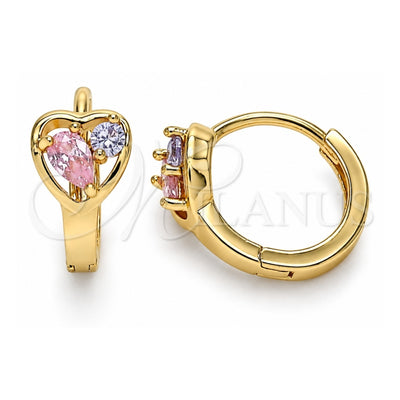 Oro Laminado Huggie Hoop, Gold Filled Style Heart and Teardrop Design, with Pink and Lavender Cubic Zirconia, Polished, Golden Finish, 02.213.0354.15