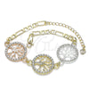 Oro Laminado Fancy Bracelet, Gold Filled Style Tree Design, with White Crystal, Polished, Tricolor, 03.380.0122.07 (05 MM Thickness, 7 Inches Length)