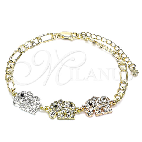 Oro Laminado Fancy Bracelet, Gold Filled Style Elephant Design, with White and Black Crystal, Polished, Tricolor, 03.380.0124.07 (05 MM Thickness, 7 Inches Length)