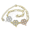 Oro Laminado Fancy Bracelet, Gold Filled Style Four-leaf Clover Design, with White Crystal, Polished, Tricolor, 03.380.0125.07 (05 MM Thickness, 7 Inches Length)