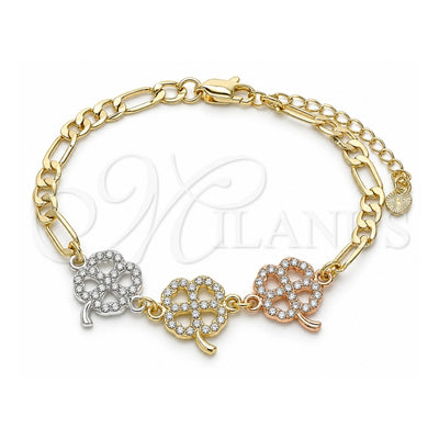 Oro Laminado Fancy Bracelet, Gold Filled Style Four-leaf Clover Design, with White Crystal, Polished, Tricolor, 03.380.0125.07 (05 MM Thickness, 7 Inches Length)