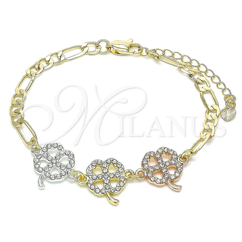 Oro Laminado Fancy Bracelet, Gold Filled Style Four-leaf Clover Design, with White Crystal, Polished, Tricolor, 03.380.0125.07 (05 MM Thickness, 7 Inches Length)