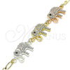 Oro Laminado Fancy Bracelet, Gold Filled Style Elephant Design, with White and Black Crystal, Polished, Tricolor, 03.380.0129.07 (05 MM Thickness, 7 Inches Length)