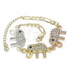Oro Laminado Fancy Bracelet, Gold Filled Style Elephant Design, with White and Black Crystal, Polished, Tricolor, 03.380.0129.07 (05 MM Thickness, 7 Inches Length)