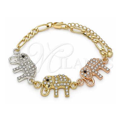 Oro Laminado Fancy Bracelet, Gold Filled Style Elephant Design, with White and Black Crystal, Polished, Tricolor, 03.380.0129.07 (05 MM Thickness, 7 Inches Length)