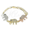 Oro Laminado Fancy Bracelet, Gold Filled Style Elephant Design, with White and Black Crystal, Polished, Tricolor, 03.380.0129.07 (05 MM Thickness, 7 Inches Length)