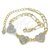 Oro Laminado Fancy Bracelet, Gold Filled Style Heart Design, with White Crystal, Polished, Tricolor, 03.380.0130.07 (05 MM Thickness, 7 Inches Length)