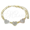 Oro Laminado Fancy Bracelet, Gold Filled Style Heart Design, with White Crystal, Polished, Tricolor, 03.380.0130.07 (05 MM Thickness, 7 Inches Length)