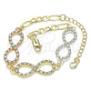 Oro Laminado Fancy Bracelet, Gold Filled Style Infinite Design, with White Crystal, Polished, Tricolor, 03.380.0131.07 (05 MM Thickness, 7 Inches Length)
