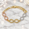 Oro Laminado Fancy Bracelet, Gold Filled Style Infinite Design, with White Crystal, Polished, Tricolor, 03.380.0131.07 (05 MM Thickness, 7 Inches Length)