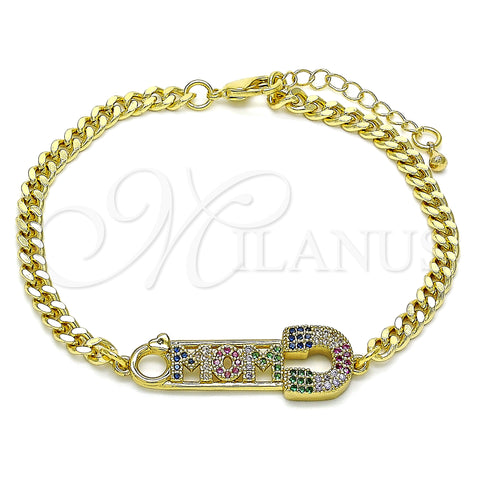 Oro Laminado Fancy Bracelet, Gold Filled Style Mom and Paperclip Design, with Multicolor Micro Pave, Polished, Golden Finish, 03.341.0151.08 (04 MM Thickness, 8 Inches Length)