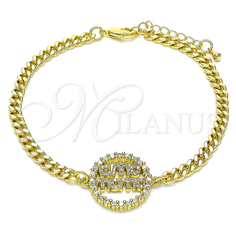 Oro Laminado Fancy Bracelet, Gold Filled Style Mom Design, with White Micro Pave and White Cubic Zirconia, Polished, Golden Finish, 03.341.0154.08 (04 MM Thickness, 8 Inches Length)
