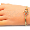 Oro Laminado Fancy Bracelet, Gold Filled Style Heart and Infinite Design, with Ruby and Sapphire Blue Micro Pave, Polished, Golden Finish, 03.341.0157.08 (04 MM Thickness, 8 Inches Length)