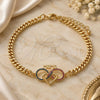 Oro Laminado Fancy Bracelet, Gold Filled Style Heart and Infinite Design, with Ruby and Sapphire Blue Micro Pave, Polished, Golden Finish, 03.341.0157.08 (04 MM Thickness, 8 Inches Length)