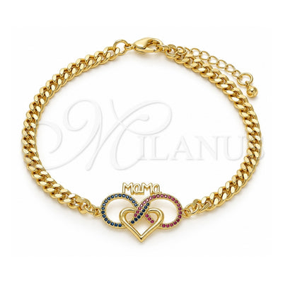 Oro Laminado Fancy Bracelet, Gold Filled Style Heart and Infinite Design, with Ruby and Sapphire Blue Micro Pave, Polished, Golden Finish, 03.341.0157.08 (04 MM Thickness, 8 Inches Length)