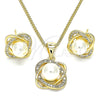 Oro Laminado Earring and Pendant Adult Set, Gold Filled Style Infinite and Twist Design, with White Micro Pave and Ivory Pearl, Polished, Golden Finish, 10.156.0424