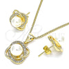 Oro Laminado Earring and Pendant Adult Set, Gold Filled Style Infinite and Twist Design, with White Micro Pave and Ivory Pearl, Polished, Golden Finish, 10.156.0424