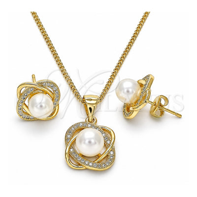 Oro Laminado Earring and Pendant Adult Set, Gold Filled Style Infinite and Twist Design, with White Micro Pave and Ivory Pearl, Polished, Golden Finish, 10.156.0424