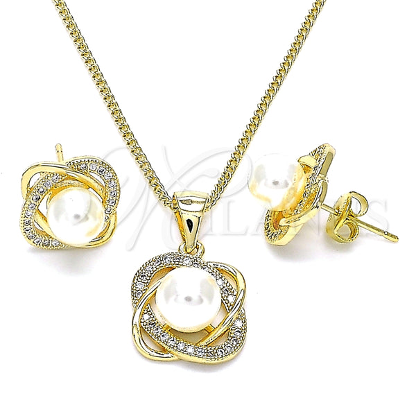 Oro Laminado Earring and Pendant Adult Set, Gold Filled Style Infinite and Twist Design, with White Micro Pave and Ivory Pearl, Polished, Golden Finish, 10.156.0424