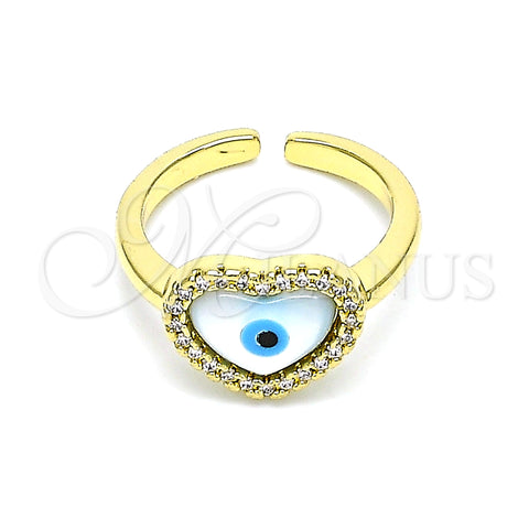 Oro Laminado Multi Stone Ring, Gold Filled Style Evil Eye and Heart Design, with White Micro Pave and Ivory Mother of Pearl, Polished, Golden Finish, 01.341.0064 (One size fits all)