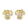 Oro Laminado Stud Earring, Gold Filled Style Heart Design, with Pink Cubic Zirconia and White Micro Pave, Polished, Golden Finish, 02.387.0078