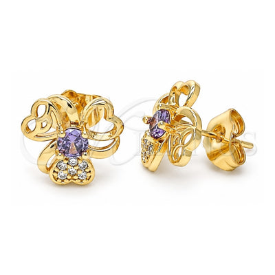 Oro Laminado Stud Earring, Gold Filled Style Heart Design, with Amethyst Cubic Zirconia and White Micro Pave, Polished, Golden Finish, 02.387.0078.1