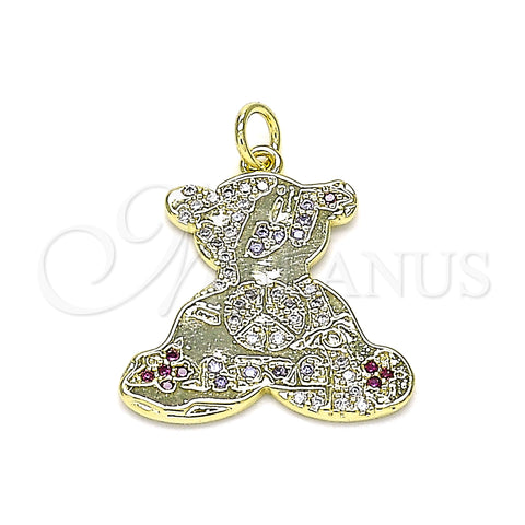 Oro Laminado Fancy Pendant, Gold Filled Style Teddy Bear Design, with Multicolor Micro Pave, Polished, Golden Finish, 05.381.0005