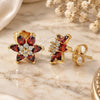 Oro Laminado Stud Earring, Gold Filled Style Flower Design, with Garnet and White Cubic Zirconia, Polished, Golden Finish, 02.346.0014