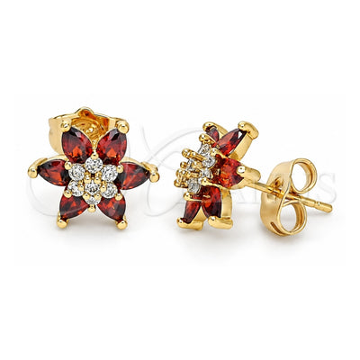 Oro Laminado Stud Earring, Gold Filled Style Flower Design, with Garnet and White Cubic Zirconia, Polished, Golden Finish, 02.346.0014
