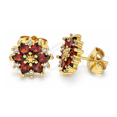 Oro Laminado Stud Earring, Gold Filled Style Flower Design, with Garnet and White Cubic Zirconia, Polished, Golden Finish, 02.346.0015