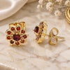 Oro Laminado Stud Earring, Gold Filled Style Flower Design, with Garnet Cubic Zirconia, Polished, Golden Finish, 02.346.0017