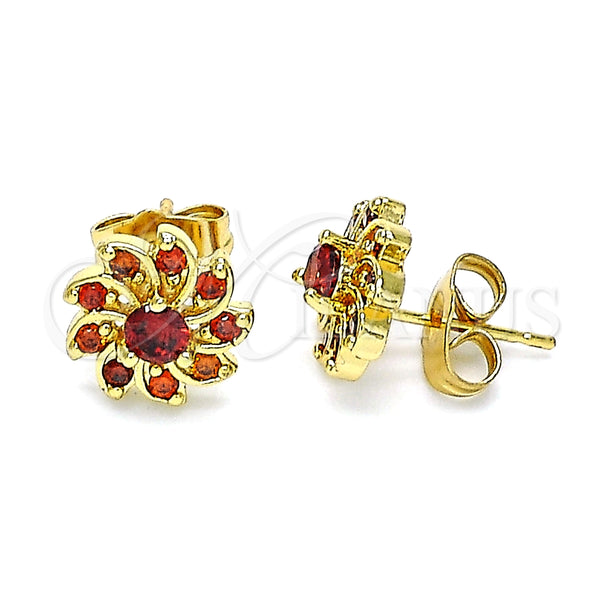 Gold Filled Ring — Stud Earring Flower Design with Garnet Cubic Zirconia — main product view — SKU 146474 | Oro Laminado anillo — Stud Earring flor diseño with Garnet Cubic Zirconia — SKU 146474