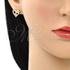 Oro Laminado Stud Earring, Gold Filled Style Dolphin and Heart Design, with White Micro Pave, Polished, Golden Finish, 02.342.0176