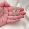 Oro Laminado Stud Earring, Gold Filled Style Dolphin and Heart Design, with White Micro Pave, Polished, Golden Finish, 02.342.0176