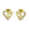 Oro Laminado Stud Earring, Gold Filled Style Dolphin and Heart Design, with White Micro Pave, Polished, Golden Finish, 02.342.0176