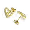 Oro Laminado Stud Earring, Gold Filled Style Dolphin and Heart Design, with White Micro Pave, Polished, Golden Finish, 02.342.0176