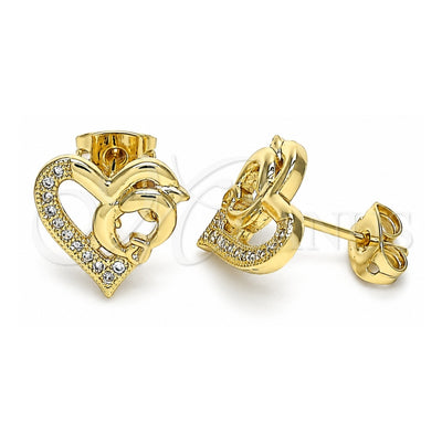 Oro Laminado Stud Earring, Gold Filled Style Dolphin and Heart Design, with White Micro Pave, Polished, Golden Finish, 02.342.0176